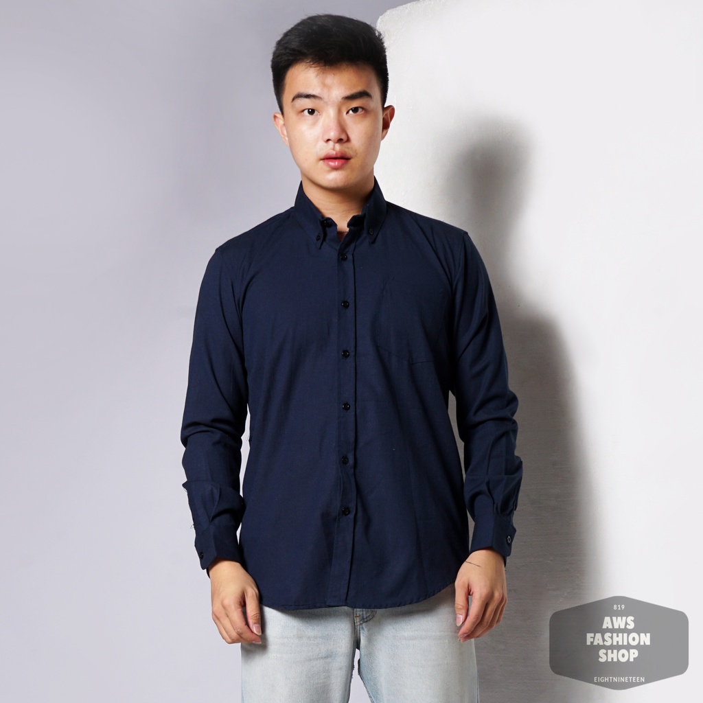 819 Kemeja Pria Lengan Panjang Polos Biru Navy Blue Oxford Basic SIMPLE Slimfit Casual Tersedia Ready Sampai Size JUMBO BIG SIZE XXL XXXL