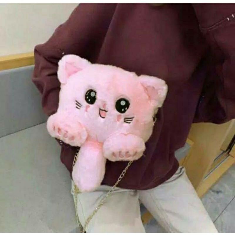 Tas Selempang Boneka Kucing | Tas Selempang Miaw | Bahan Bulu import dari korea | Murah Bisa COD