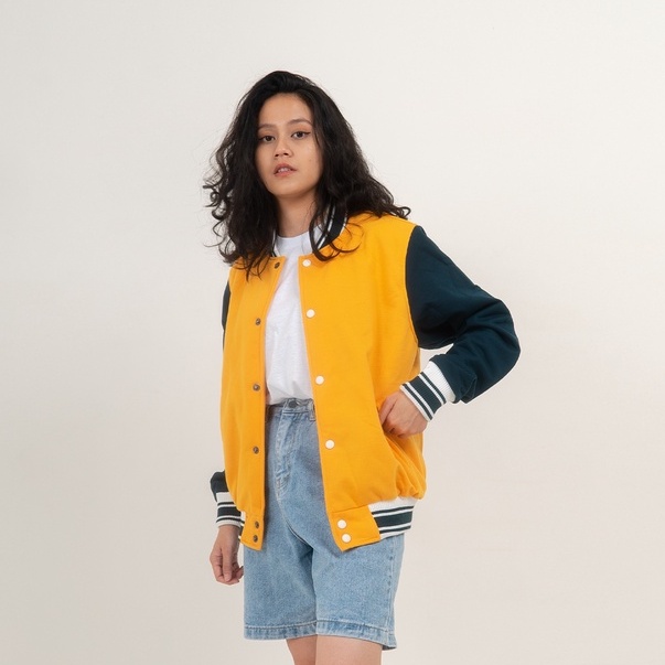 JipClo Jaket Varsity Baseball Unisex Pria Wanita Safron Green Bottle