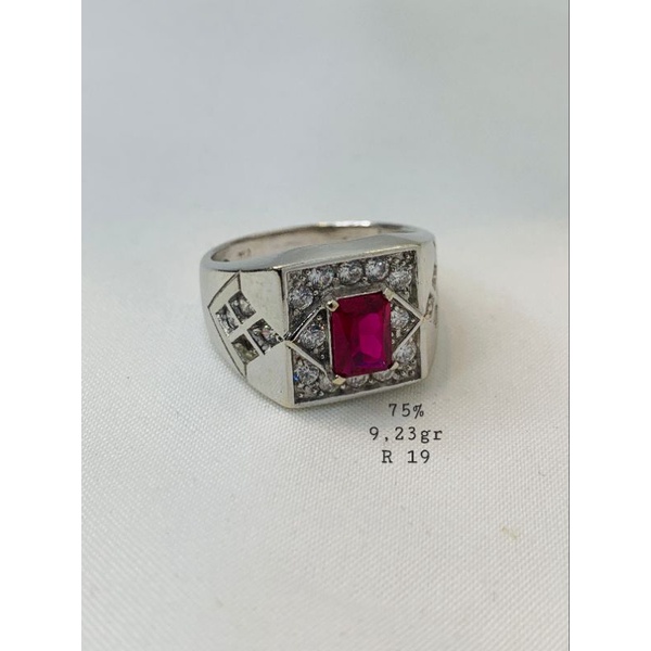 Cincin Cowok Emas Asli Putih Kadar 750 75% Batu Merah