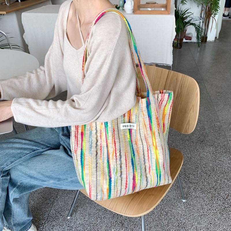 tas kain fashion korea tote bag wanita cantik lucu rainbow pelangi tas bahu besar totebag ala korean style perempuan kekinian viral murah premium berkualitas kuliah kerja sekolah ringan TAS10