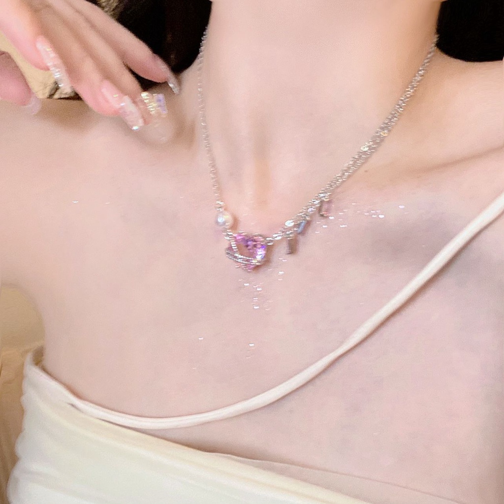 Suhao ice-through pink love zircon berlian rantai jahitan manis choker kalung Ins niche high-end all-match rantai tulang selangka wanita