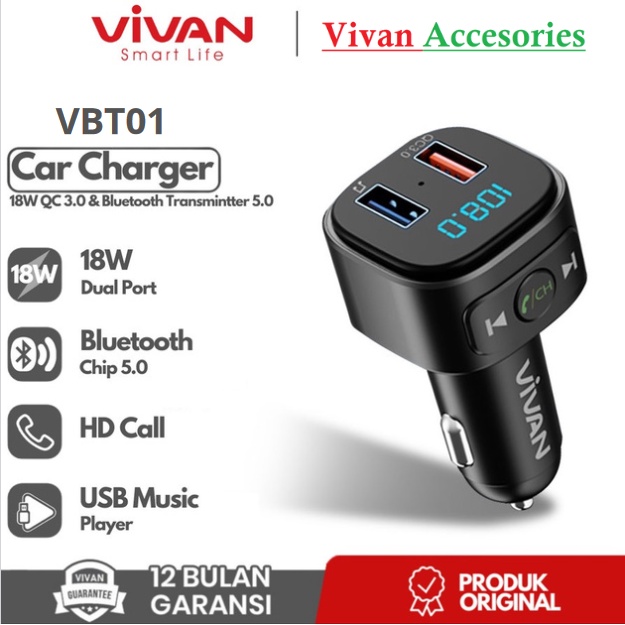 VIVAN VBT01 Car Charger 18W QC 3.0 &amp; Bluetooth Transmintter 5.0