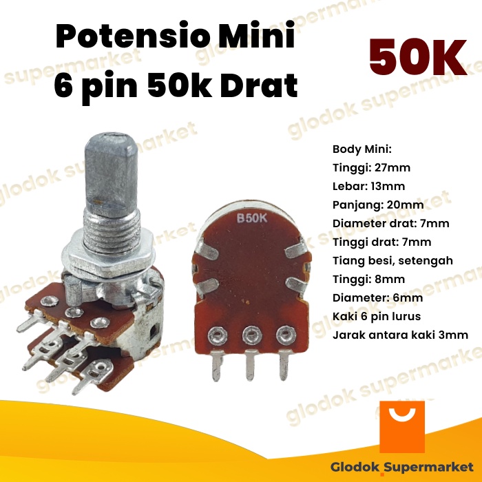 Potensio Mini 6 pin 50k Drat Stereo Kaki 3-3 Lurus Potentio Meter 503