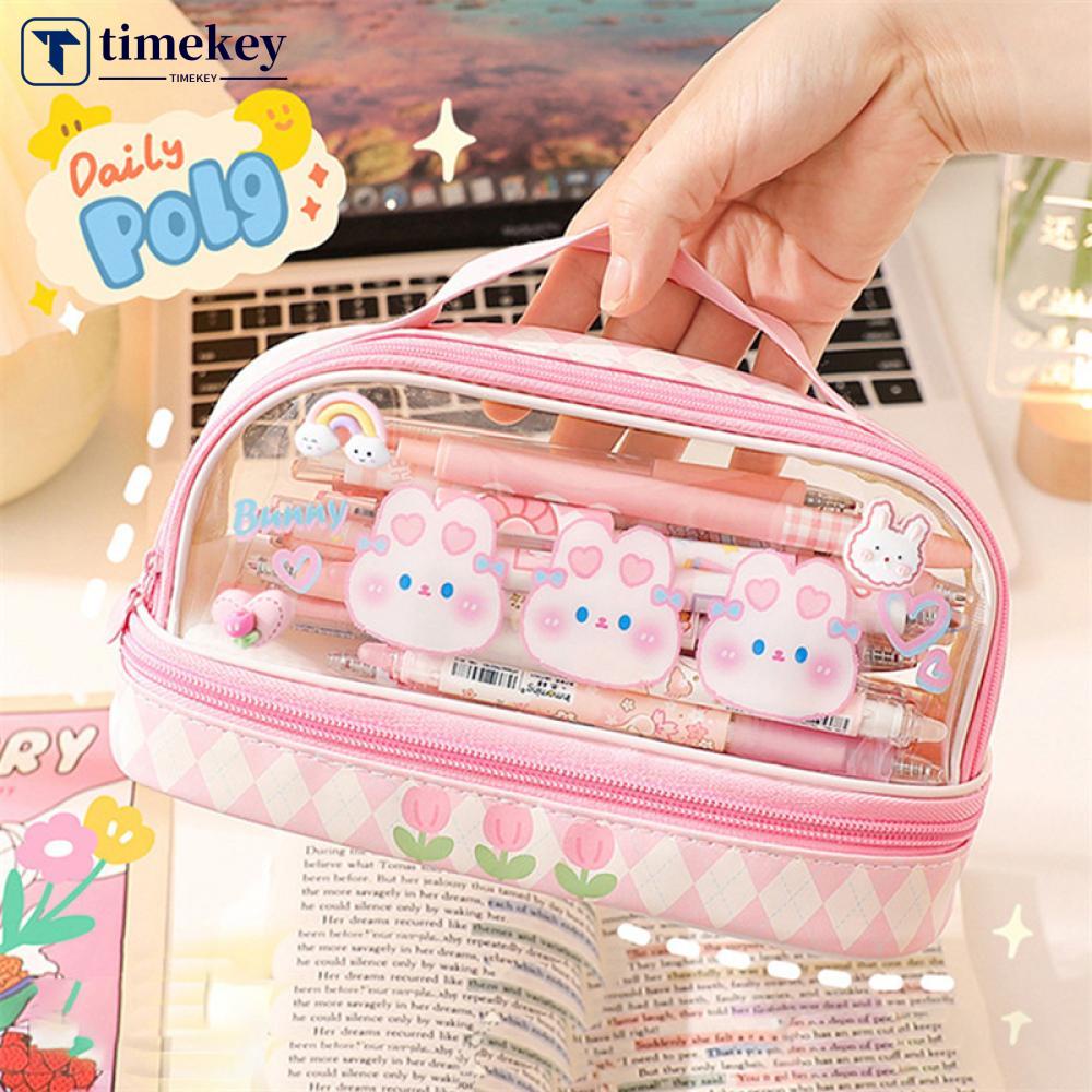 Timekey Pouch Tempat Pensilkosmetikmakeup Dua Lapis Kapasitas Besar Dengan Resleting P9W8