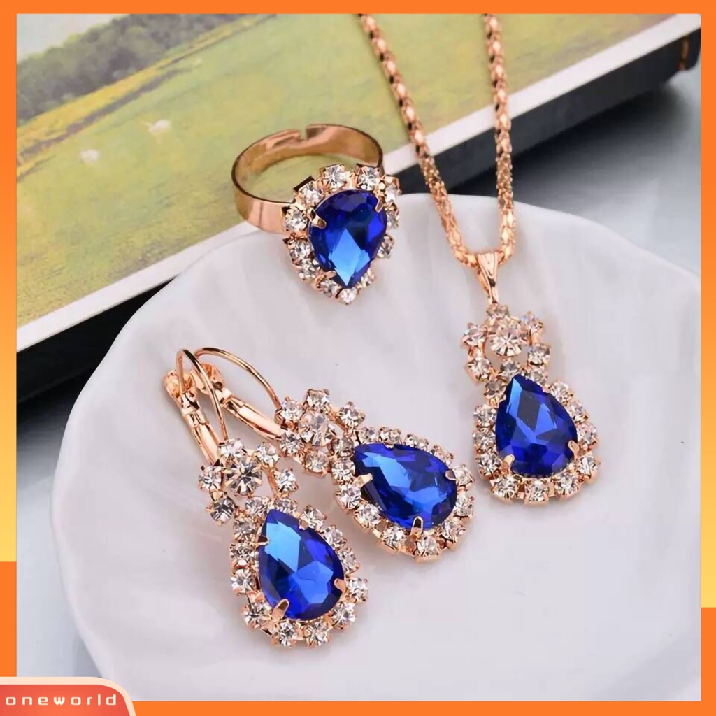 3pcs / Set Kalung Anting Cincin Liontin Water Drop Berlian Imitasi Bahan Alloy Warna Cerah