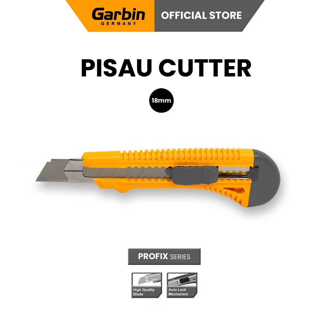 

Cutter Pisau Baja Pegangan Karet Sistem Kunci Otomatis 9mm 18mm Garbin Profix Series PCU-CT