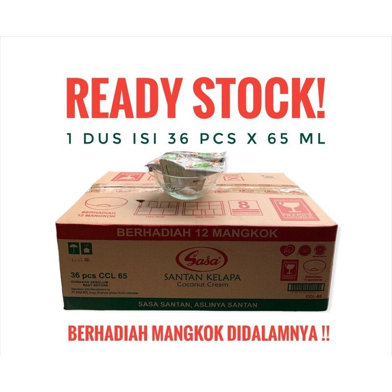 

Santan Sasa 65ml 1 dus isi 36 pcs berhadiah mangkok 12 pcs Exp. Oktober 2023