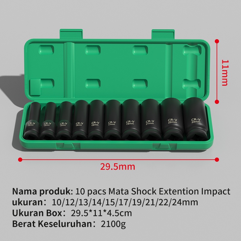 ISKU Kunci Mata Sock Set 10 pcs 1/2 Krom-Molibenum Extention Impact Shock 10-24mm Set Drive Socket Set