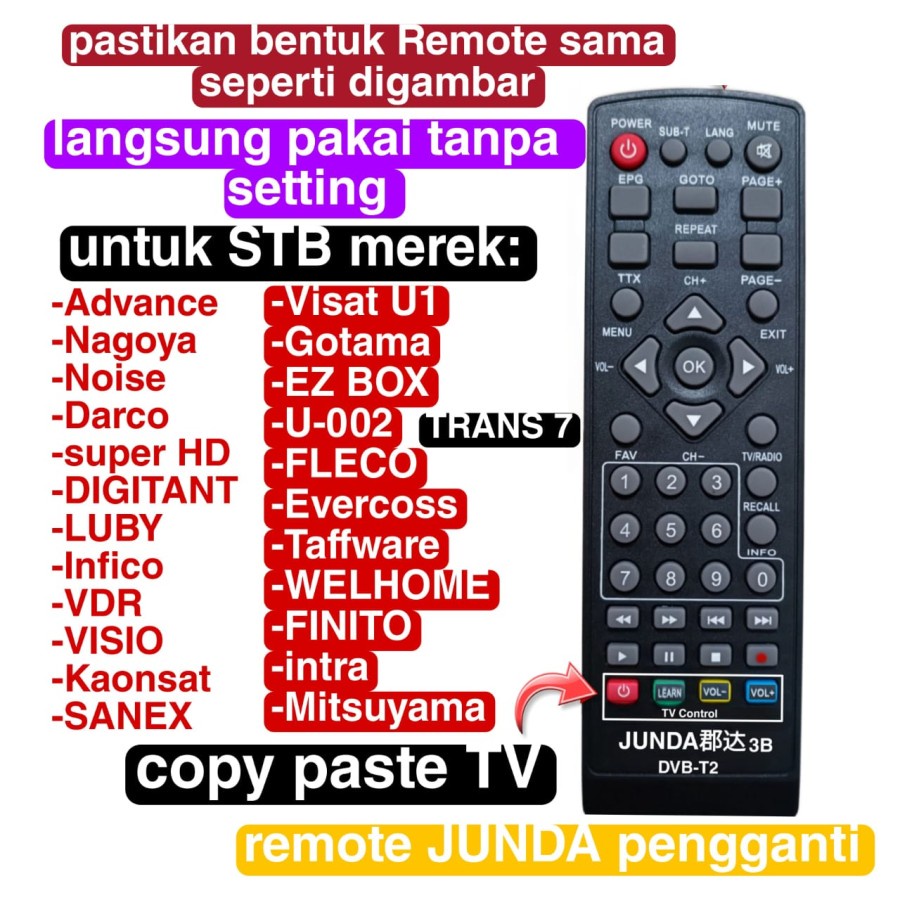 REMOTE UNIVERSAL SET TOP BOX DVB-T2 BERBAGAI MEREK JUNDA 3B