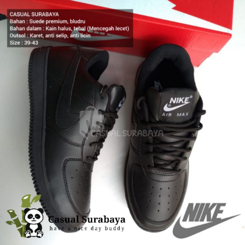 SEPATU SEKOLAH HITAM POLOS NK AIR FORCE ONE / SEPATU SEKOLAH HITAM FULL BLACK / SEPATU SEKOLAH KERJA HITAM POLOS LENTUR ALAS BAHAN KARET