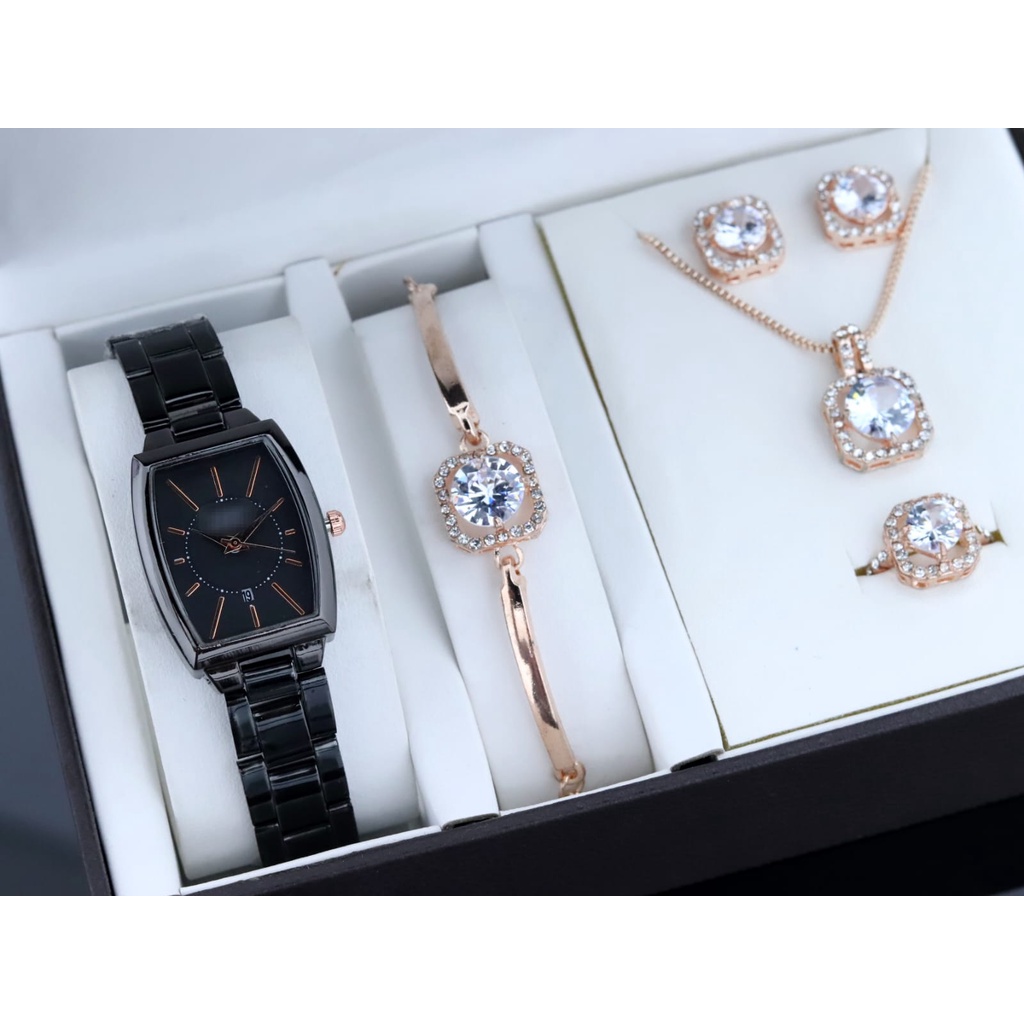 Jam tangan wanita Analog Strap Stainless Tanggal Aktif Free Full set perhiasan Dan Free Batrai