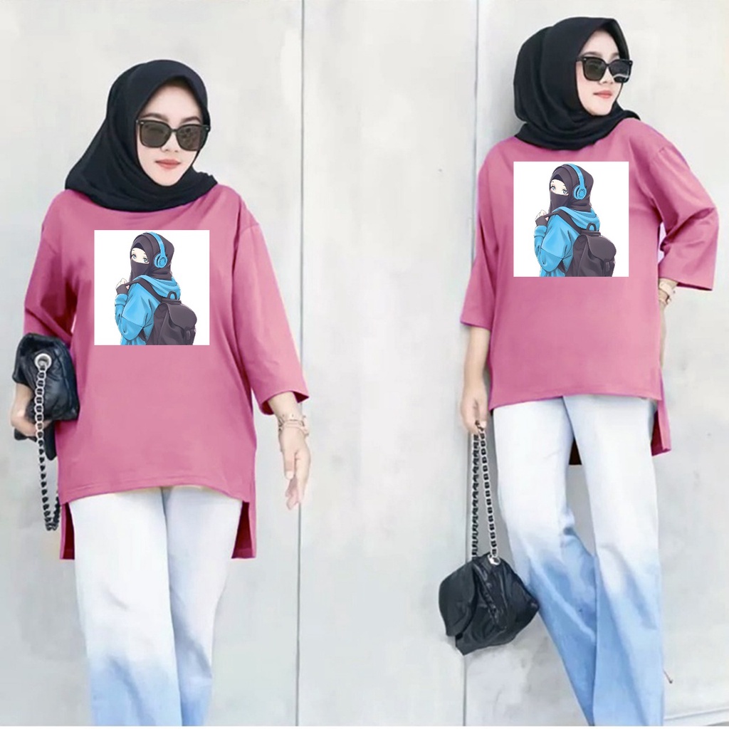 GSC - Long Tunik Wanita Hijab's ANIME 026 / Tunik wanita dewasa / Tunik kaos Jumbo / Tunik Viral / Tunik panjang bahan moscrepe &amp; sablon DTF