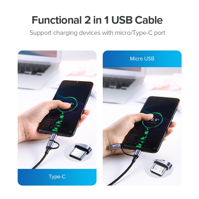 Ugreen 2 in 1 Kabel Data / Charger Micro USB Tipe-C Fast Charging Untuk Handphone