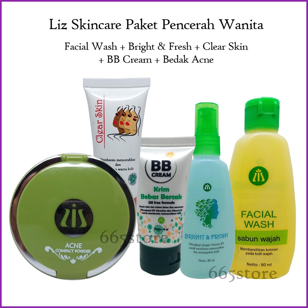 Liz Skincare 5 In 1 Paket Pencerah Brightening Wanita - Facial Wash + Clear Skin + Bright & Fresh + 