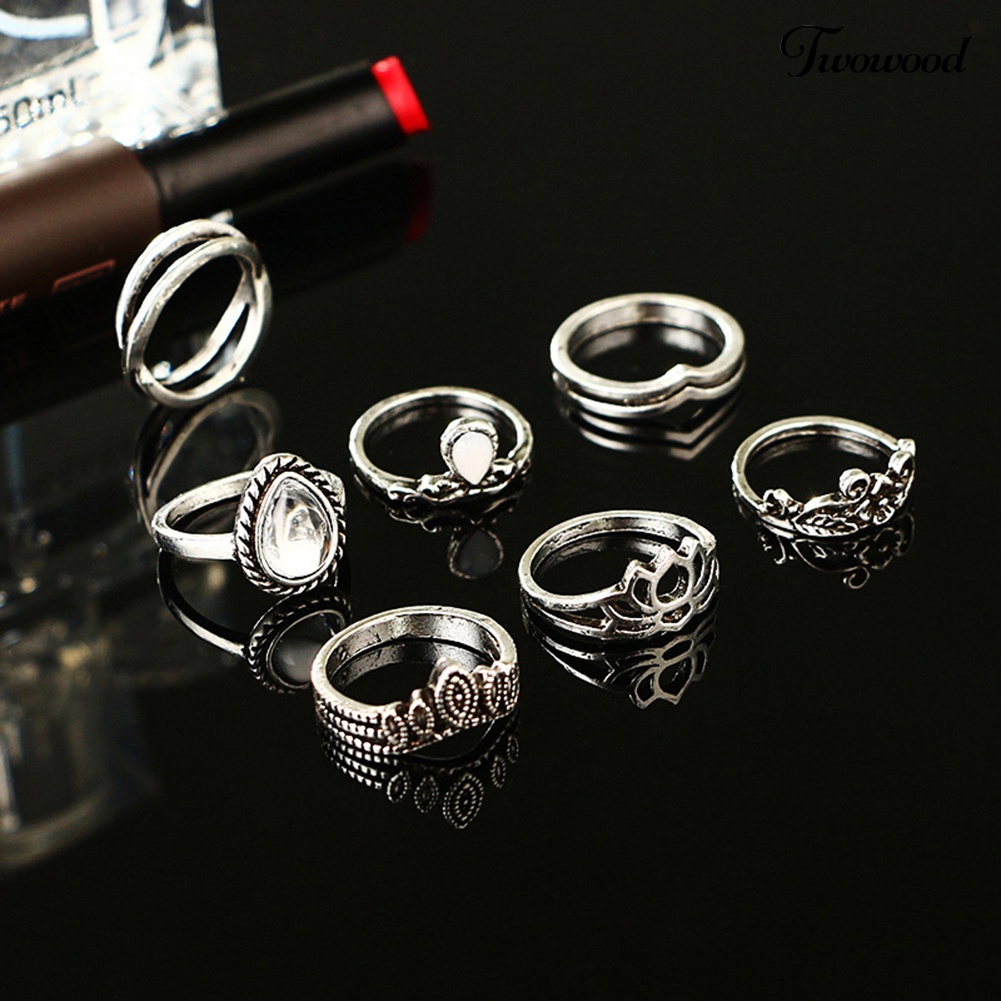 7 Pcs Cincin Knuckle Midi Desain Ukiran Bunga Teratai Tetesan Air Rongga Gaya Vintage Untuk Wanita