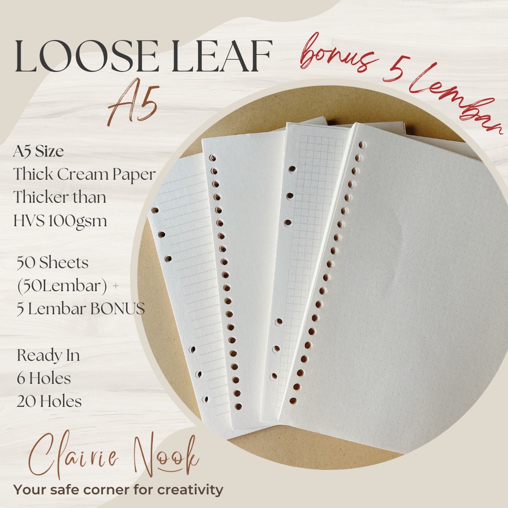 

Clairie Nook Loose Leaf A5 20 Holes 6 Holes - Kertas Binder A5