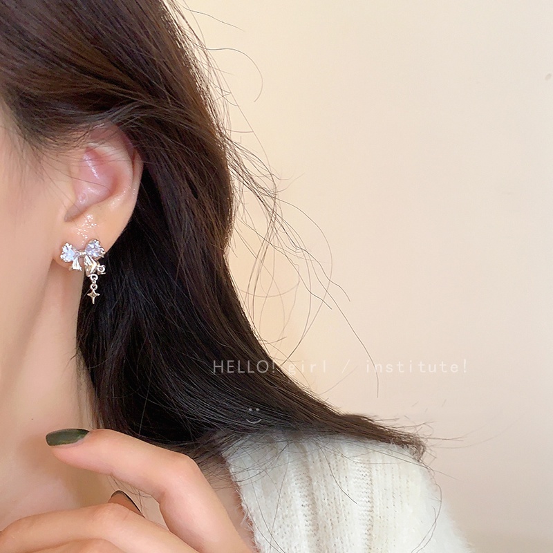 Anting Tusuk Kristal Silver Korea Lucu Bow Earring Untuk Aksesoris Perhiasan Wanita