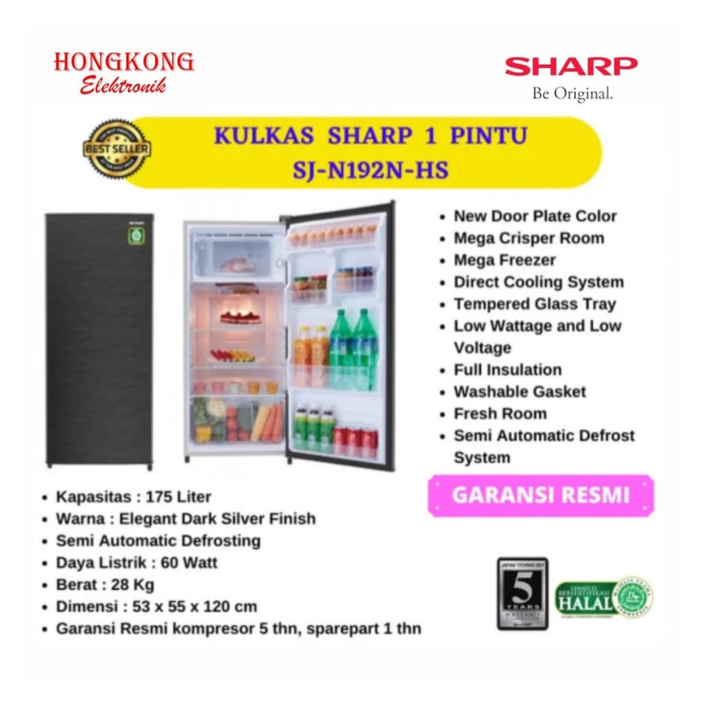 Sharp Kulkas 1 Pintu SJ-N192N-HS / New Kirei Series SJN192