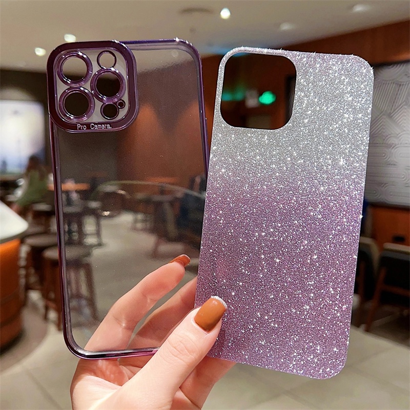 Casing iPhone 14 13 12 11 Pro Max 14 plus Aksen Glitter Mewah Warna Gradasi anti Jatuh