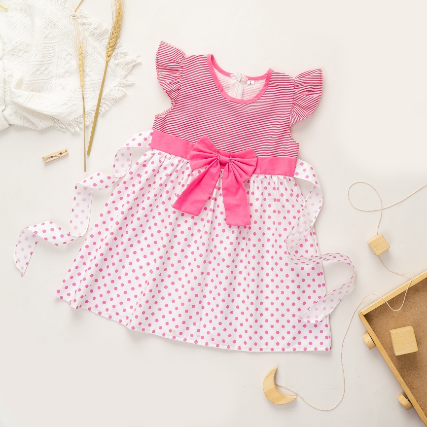 Baju dress anak bayi perempuan 1 tahun - 3 tahun salur polkadot