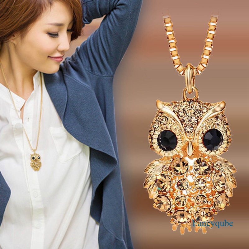 Fancyqube Kalung Panjang Liontin Burung Hantu Aksen Kristal Berlian Imitasi Gaya Vintage Untuk Wanita