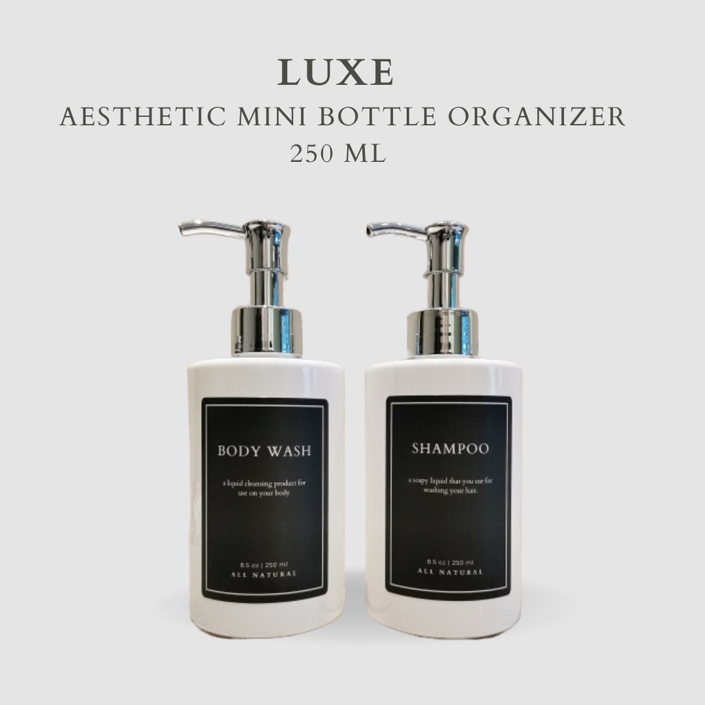 LUXE Botol MINI PUTIH Label KOTAK HITAM 250 ml Aesthetic Bottle Refill | Botol refill sabun /botol refill sabun/ botol isi ulang/botol sabun refill/botol sabun/botol pump/botol anak/bathroom organizer/bathroom amenities