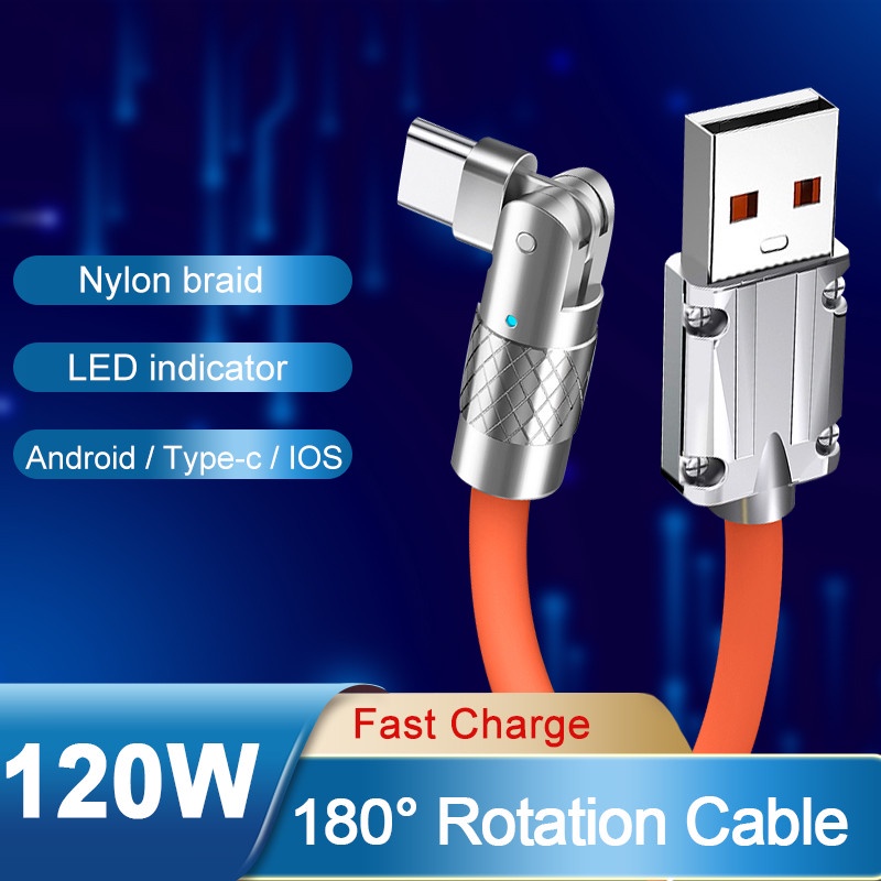 180°Kabel Data / Charger USB Tipe C Fast Charging 6A 120W Bahan Zinc alloy Untuk Iphone / Android