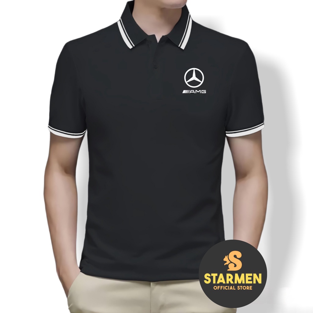 Kaos Polo Shirt Pria Kerah List Putih logo AMG