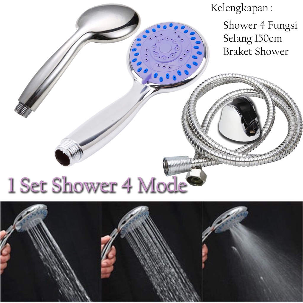 (SerbaSerbi)Handshower 4 Fungsi Mode Kamar Mandi / Paket HandShower Dengan Selang 150 dan Braket Esca 377 Termurah