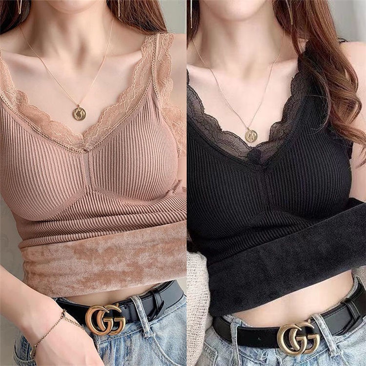2-pack rompi termal wanita bulu penebalan bottoming kemeja suspender pakaian dilengkapi dengan banta