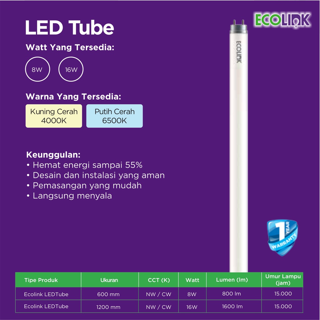 ECOLINK Lampu Neon 60cm 8W LED Tube 8Watt 8 Watt - 4000K Kuning Cerah