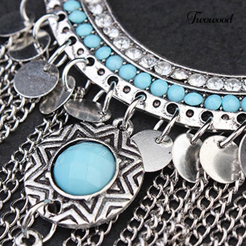 Kalung Rantai Choker Liontin Rumbai Panjang Turquoise Bahan Alloy Gaya Bohemian Untuk Wanita