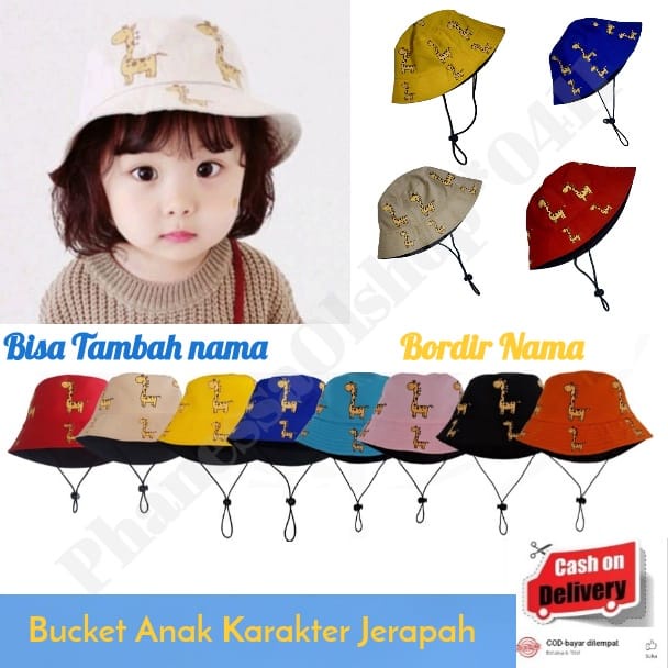 Bucket Anak Tali Sablon Jerapah Bordir Nama Anak / Bucket Hat Anak Sablon Jerapah