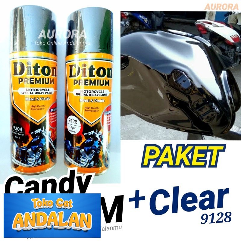 

Toko Cat Andalan - PAKET Diton Premium Candy Tone Black 9304 + Clear Gloss 9128 / Candytone Hitam Kenditon Cat Semprot Pilok Pylox Pilox 400ml Toko Cat Andalan Motor dan Mobil