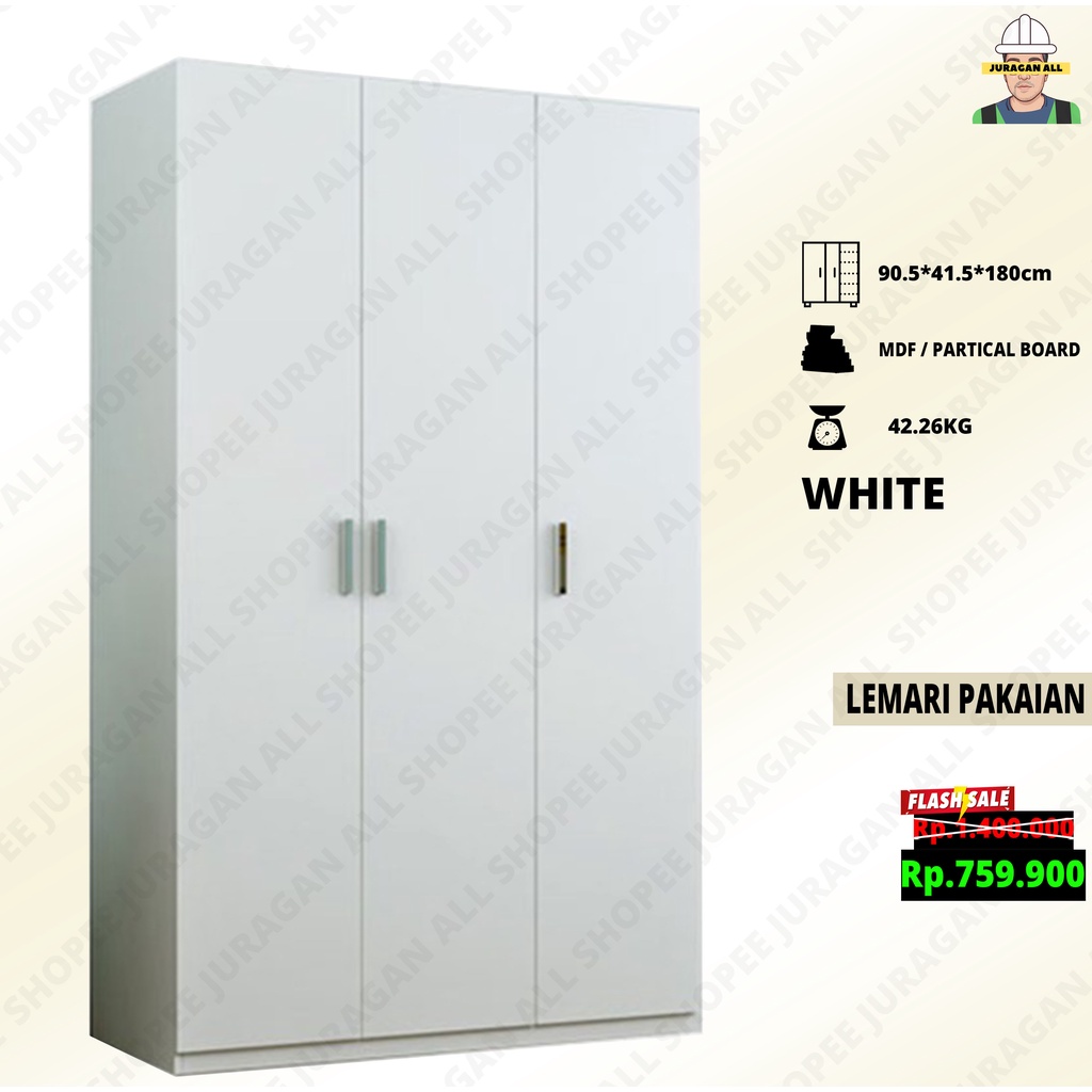 JURAGAN ALL Lemari Kecil Minimalis / Almari Pakaian 3 Pintu / Lemari Pakaian 3 Pintu Minimalis Putih