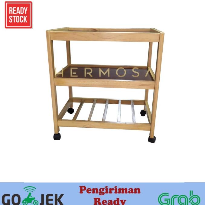 Meja rak dorong tv dispenser 3 susun tahap roda kayu