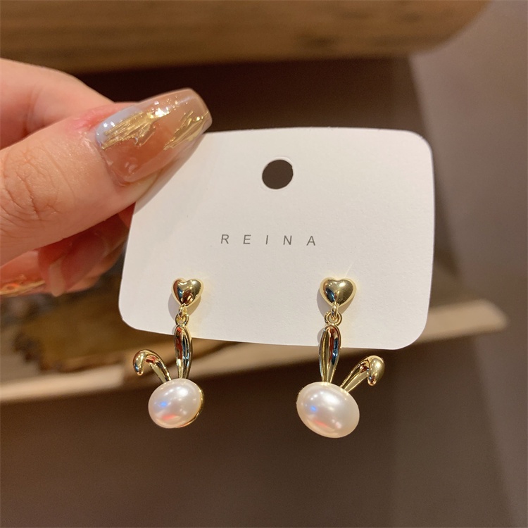 Anting Stud Desain Kelinci Aksen Mutiara Bahan S925 Silver Untuk Wanita