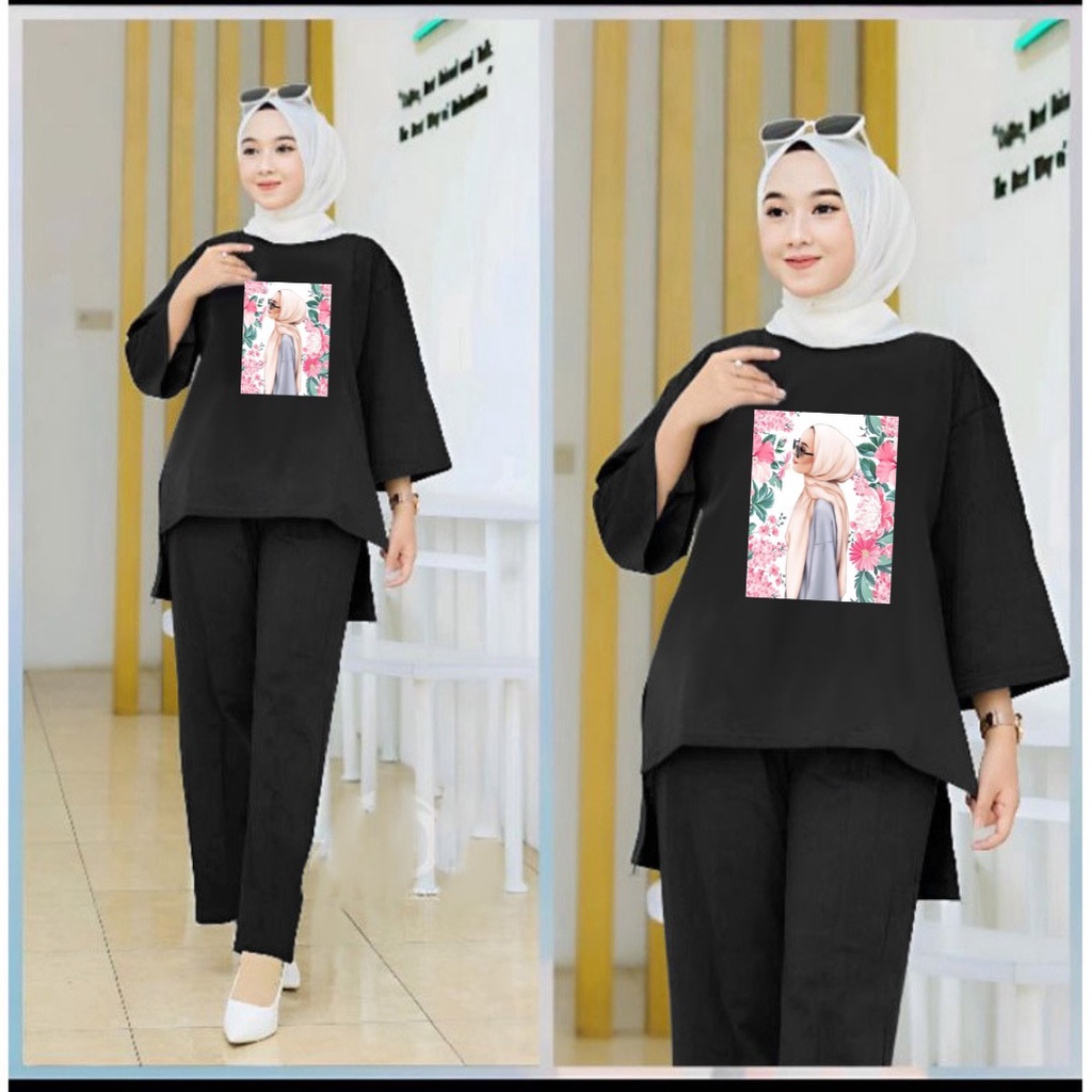 Setelan Tunik Girl Hijab Bunga Pink/Fashion Muslim Senyawa