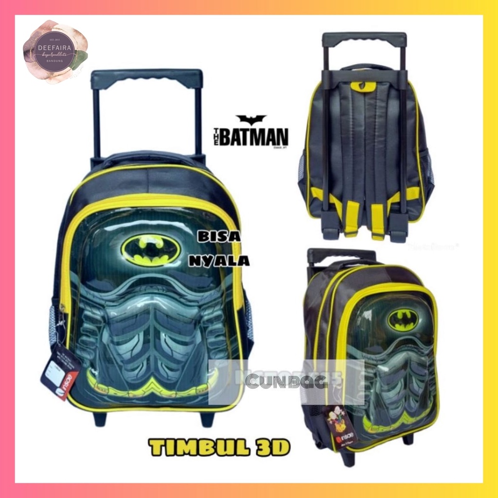 Tas Ransel Troli Anak Untuk Sekolah Tk Dan Sd Motif Superh3r0 B4t X1 3D Menyala Keren