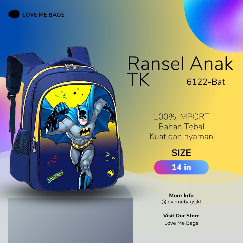 LMB Tas Anak Laki Laki TK Import Karakter Superhero Gambar Bagian Depan Timbul 6D Bahan Nilon Kualitas Premium Tebal