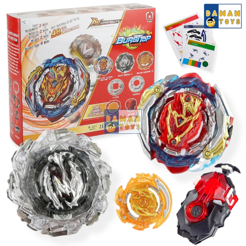 Mainan Gangsing Beyblade 3 in 1 Zest Achilles Q-4 Booster Chain Phoenix Ragnaruk Gasing Bayblade Burst LR Battle Launcher