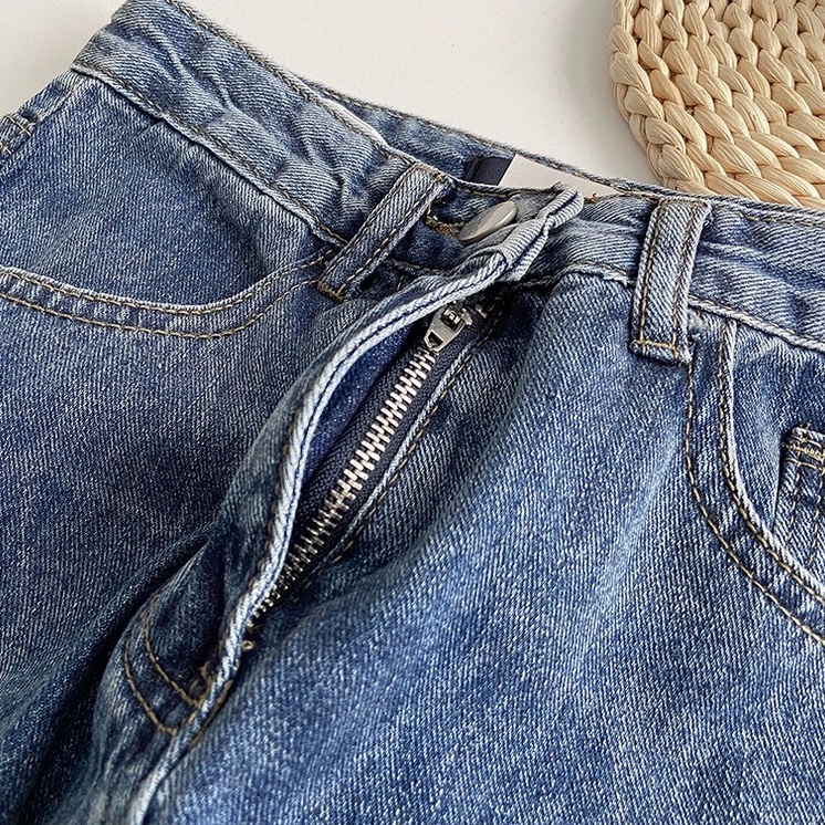 Biru laut Fashion Highwaist Loose Lebarkaki Celana Jeans Panjang Wanita （Realpict）