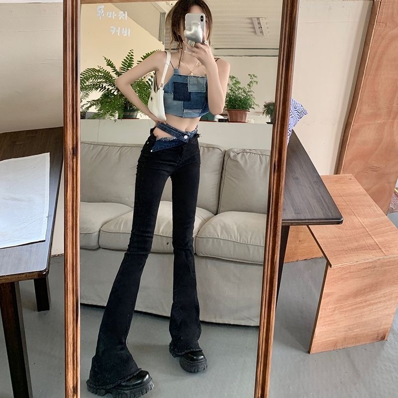 Suhao Spice Girls High Waist Micro Flared Jeans Wanita Akal Desain Niche Musim Semi 2022 Baru Slim Hitam Horseshoe Celana