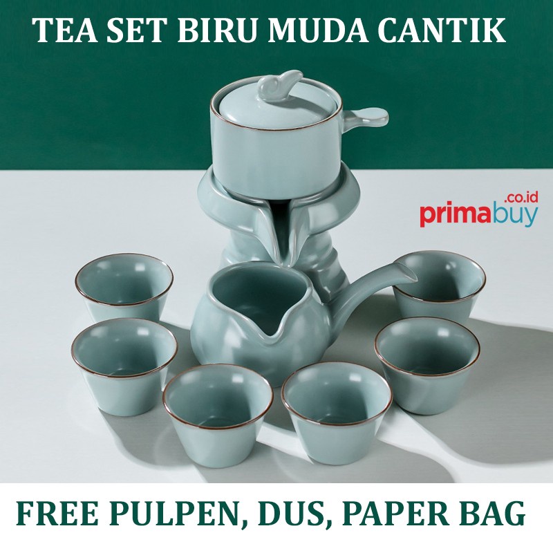 Tea Pot Set Unik Ceramic Rotating Mill motif naga biru polos tea cup isi 9 unik