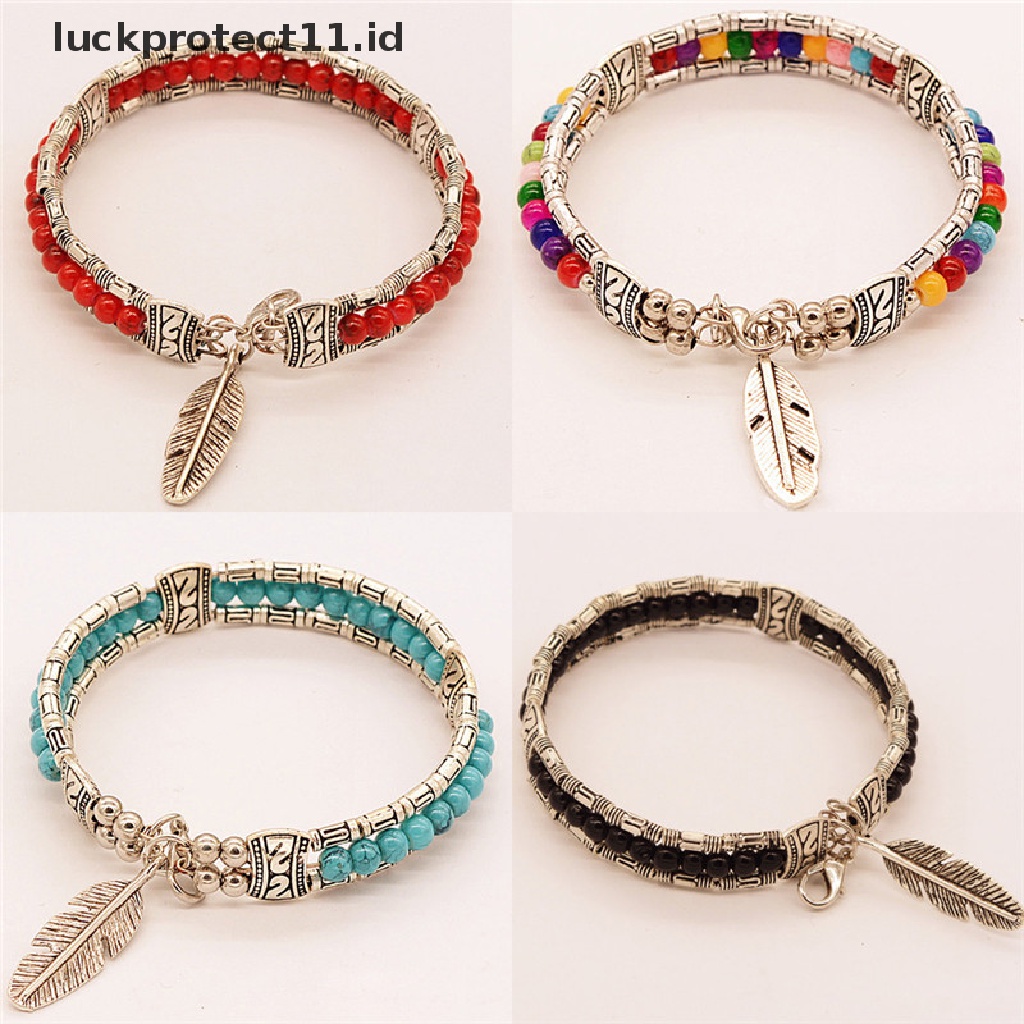 Gelang Tangan Silver Wanita Desain Bulu Hias Turquoise Gaya Tibet Vintage Bohemia
