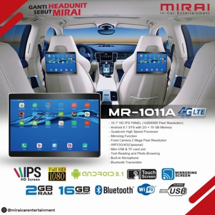 Headrest Android 10 Inch Mirai 1011A 4G / Headrest Clip On Sepasang
