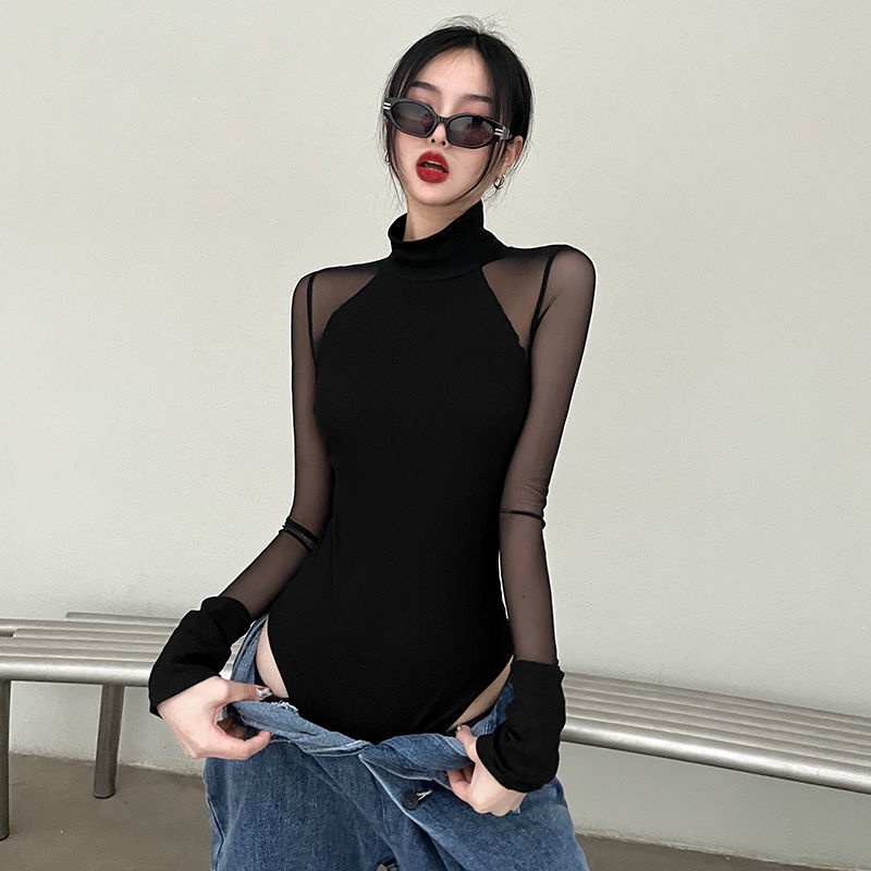 Red Rapcopter Eropa dan Amerika kasa jahitan seksi jumpsuit T-shirt wanita kerah tinggi warna solid slim slim bottoming top