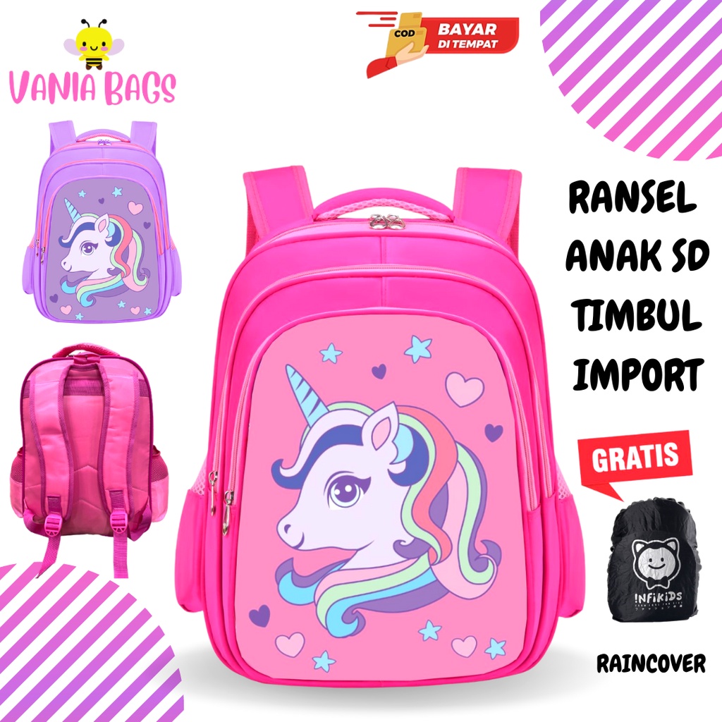 Ransel anak perempuan sd gambar timbul karakter lucu import waterproof