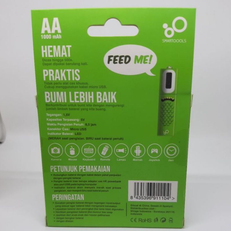 Isi 2buah. Smartoools Baterry AA, AAA USB rechargeable. Baterai isi ulang smartools